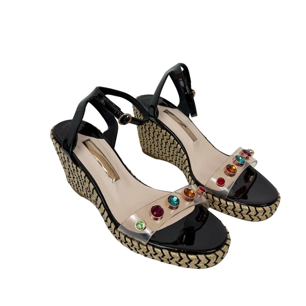 Sophia Webster Dina Gem Espadrille Wedge Heels Sandals 38 Black with PVC Strap